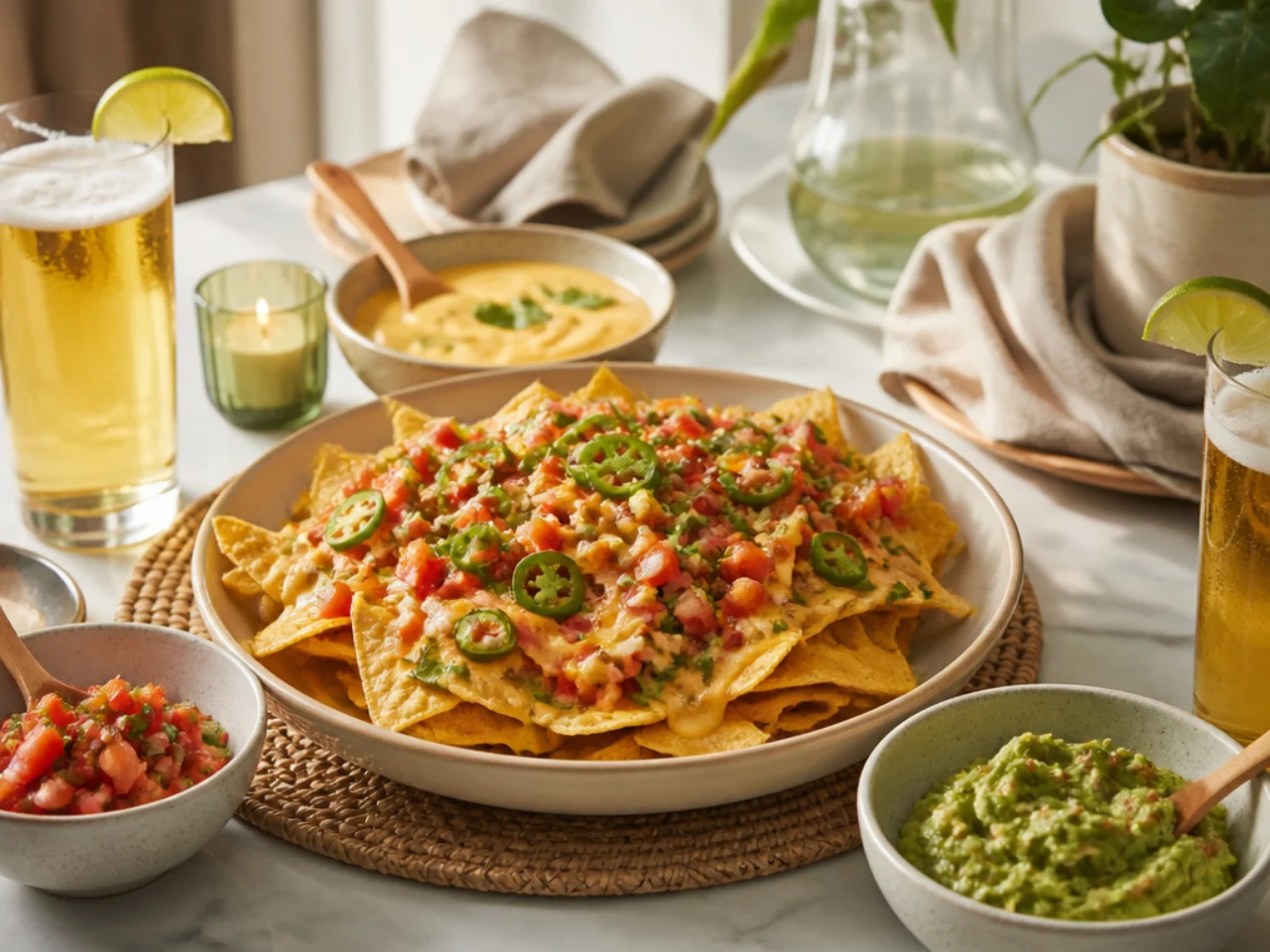 nachos served with fresh salsa, warm queso, guacamole and ice-cold drinks