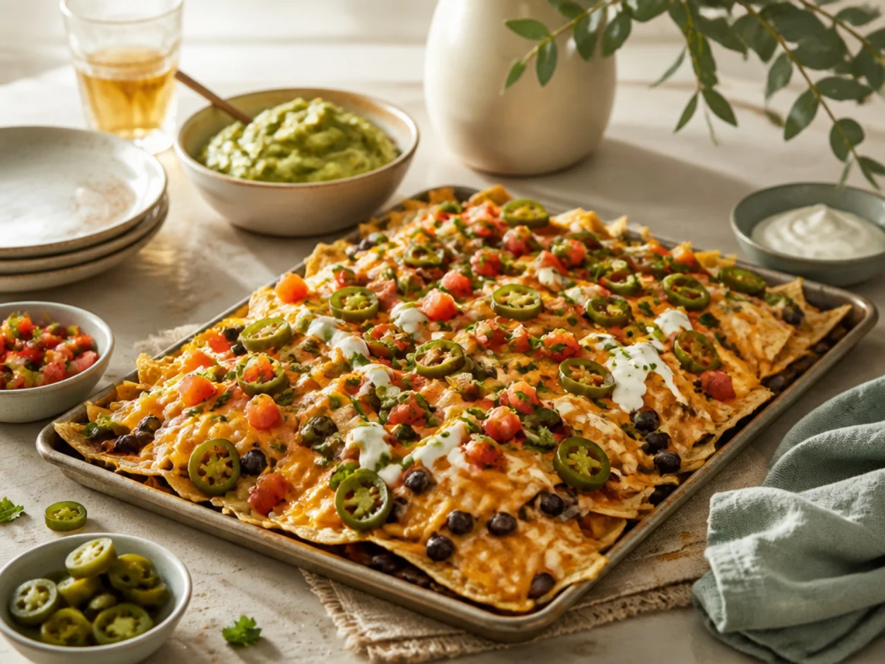 nachos served family-style on a cozy table