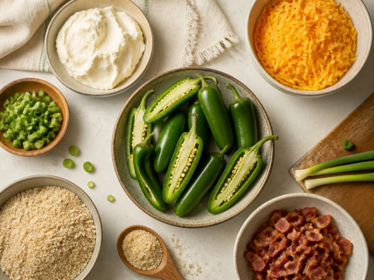 Fresh ingredients for jalapeno poppers arranged in bowls