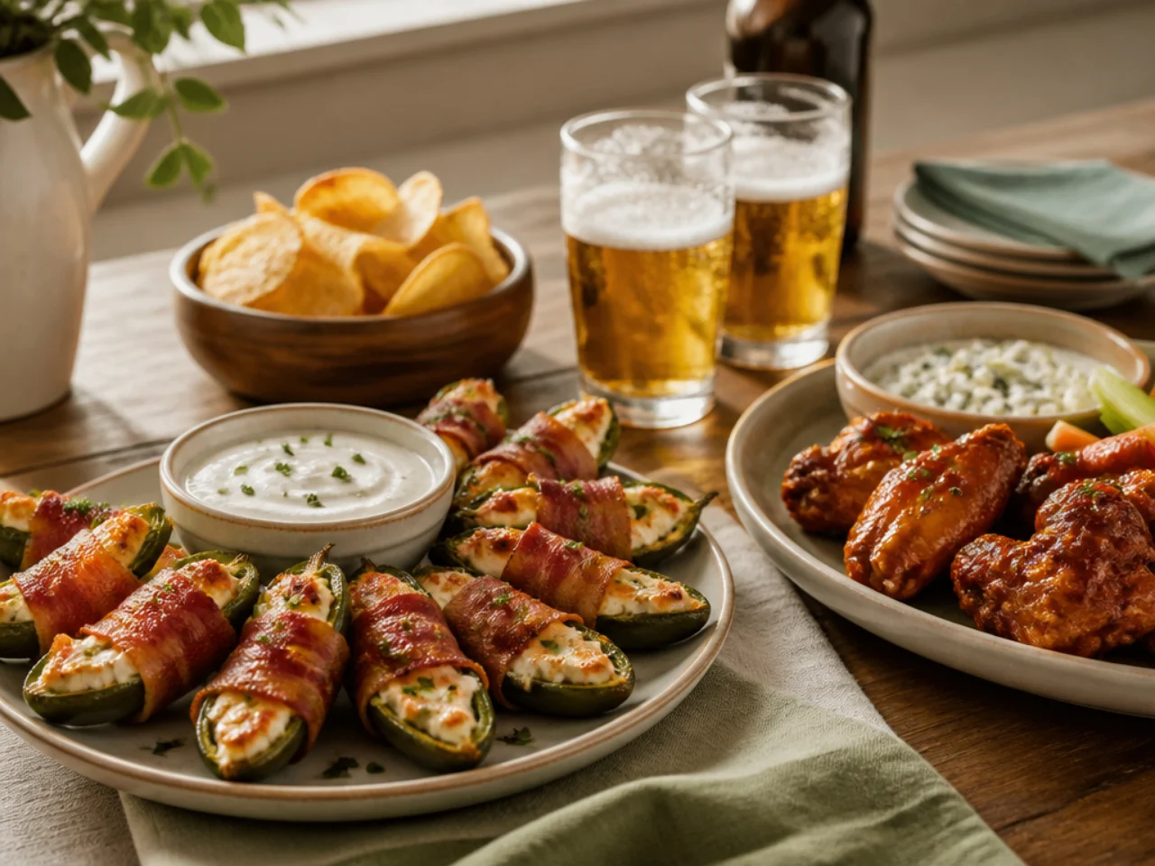 jalapeno poppers served with cool ranch or blue cheese dip, wings and cold drinks