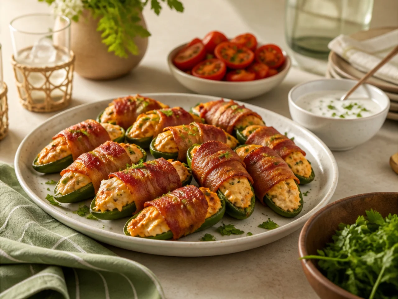 jalapeno poppers served family-style on a cozy table