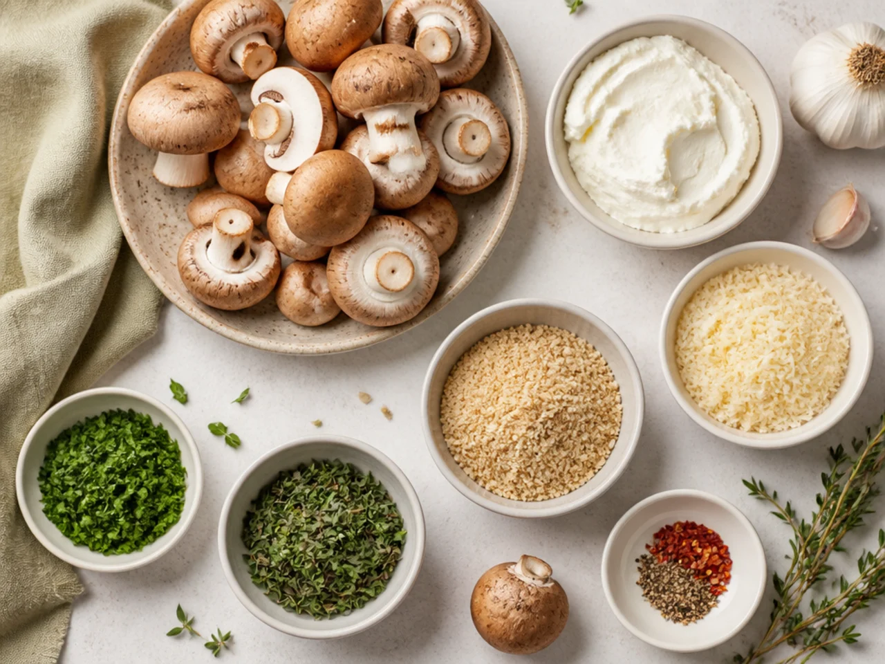Fresh ingredients for stuffed mushrooms arranged in bowls