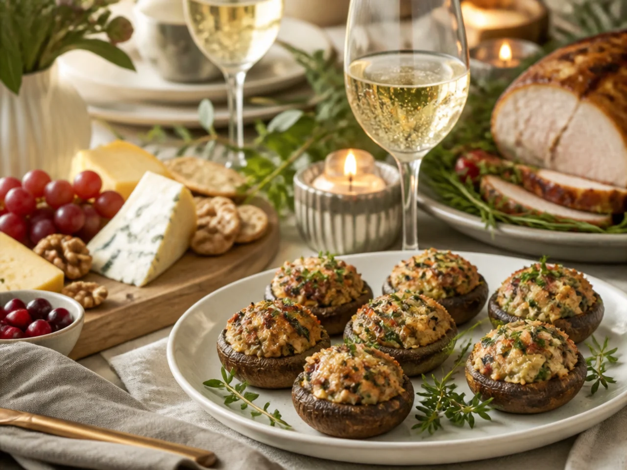 stuffed mushrooms served with a holiday roast, a cheese board and sparkling wine