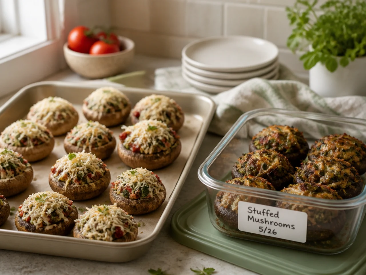 Make-ahead storage of stuffed mushrooms in containers