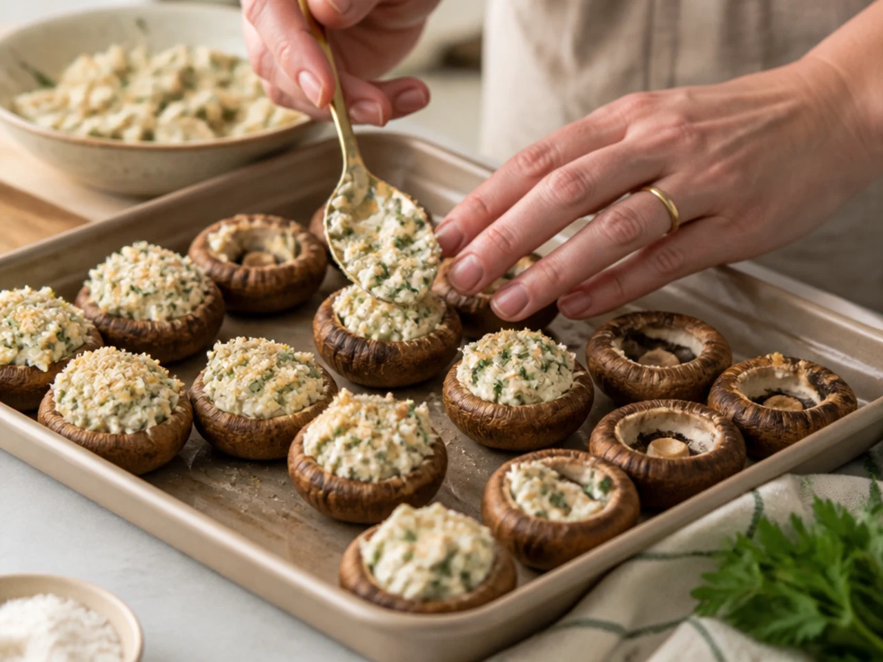 Step-by-step process shot for stuffed mushrooms