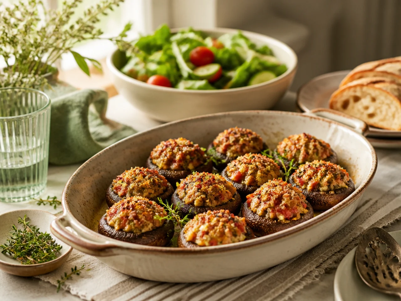 stuffed mushrooms served family-style on a cozy table