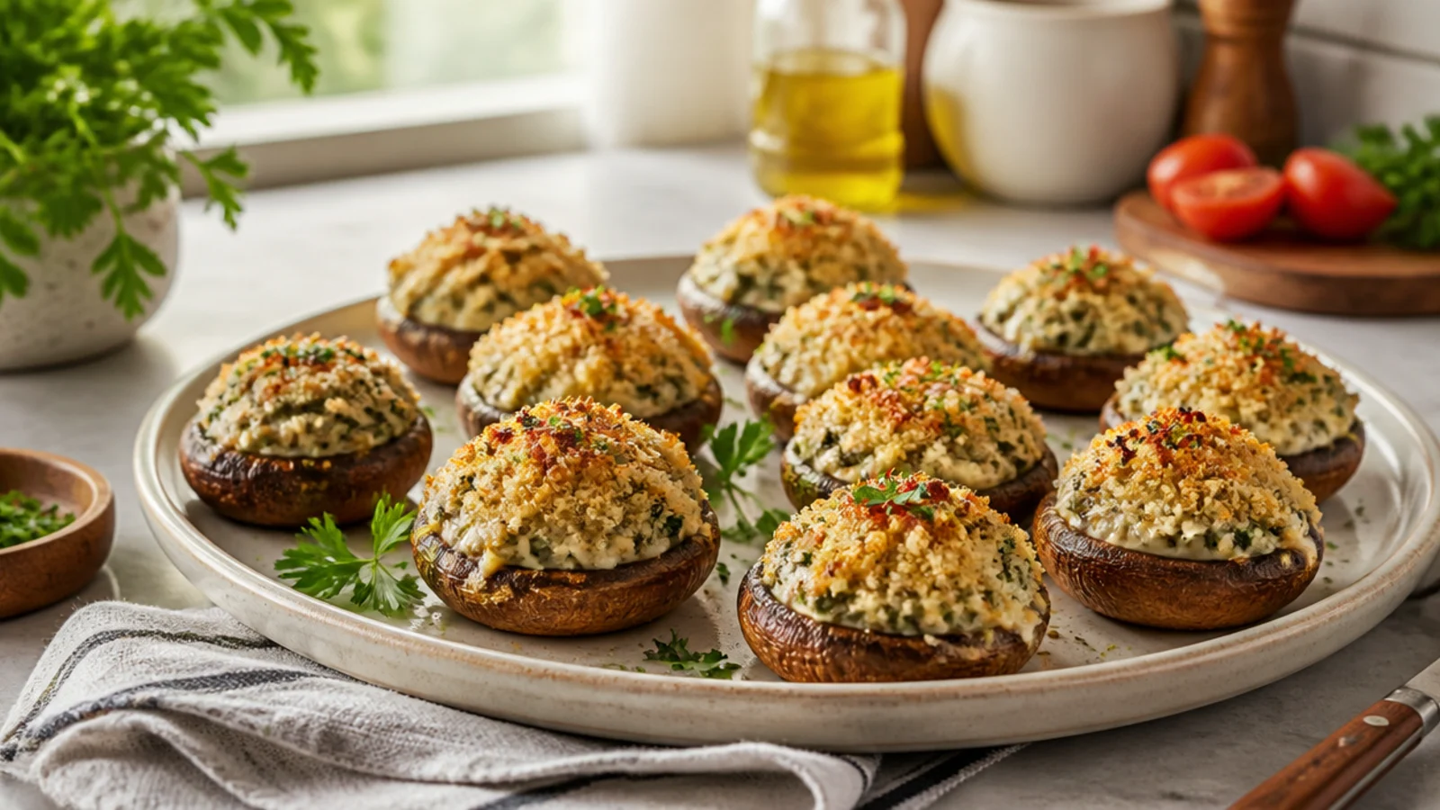 Cream Cheese Stuffed Mushrooms to Devour — stuffed mushrooms plated and ready to serve
