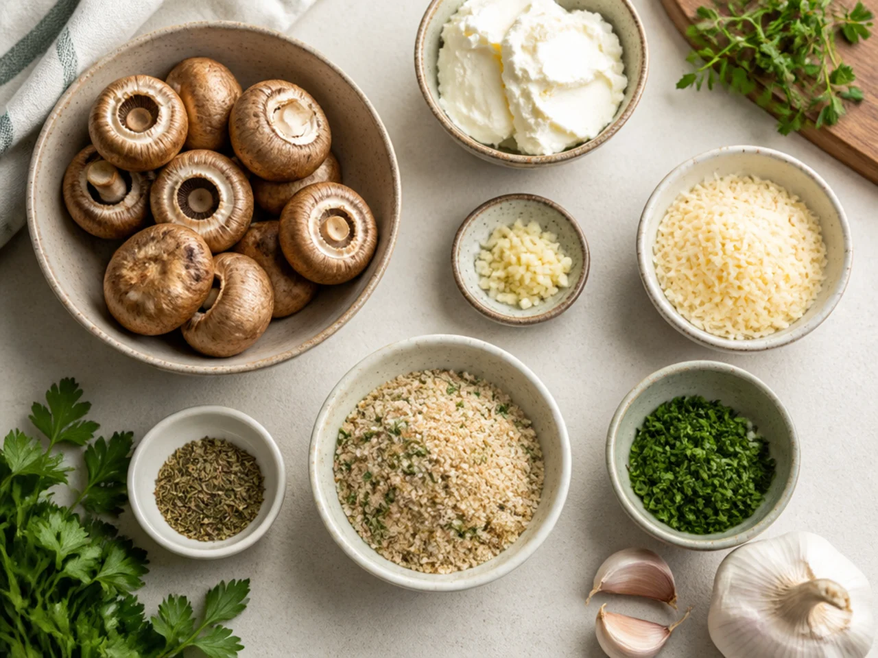 Fresh ingredients for stuffed mushrooms arranged in bowls