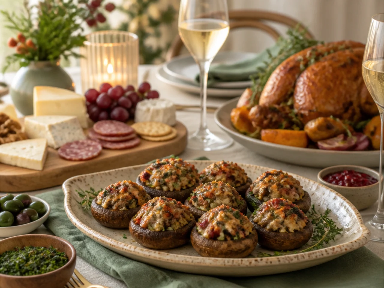 stuffed mushrooms served with a holiday roast, a cheese board and sparkling wine