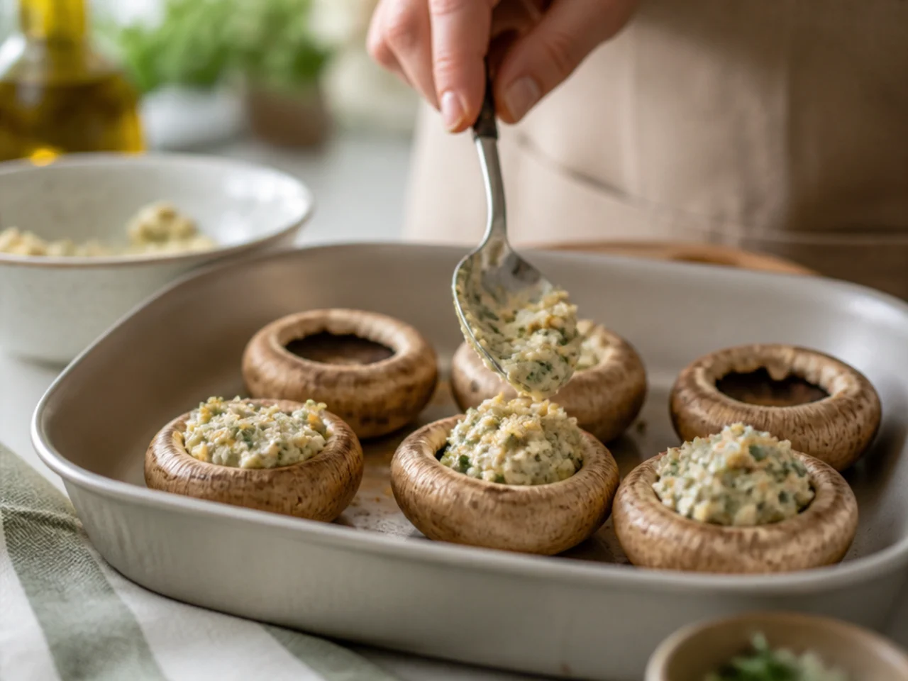 Step-by-step process shot for stuffed mushrooms