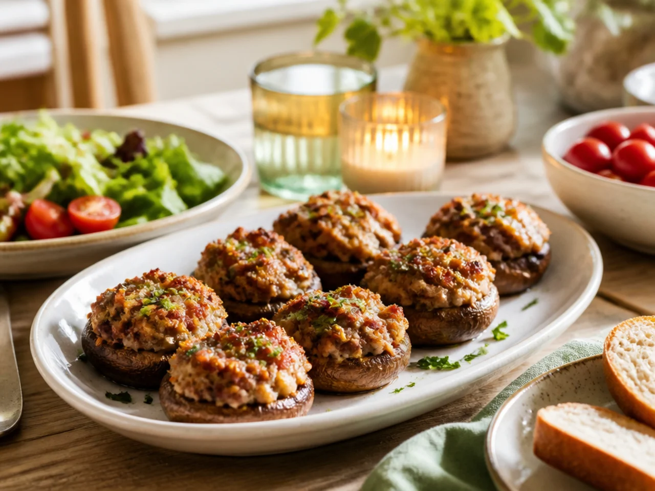 stuffed mushrooms served family-style on a cozy table