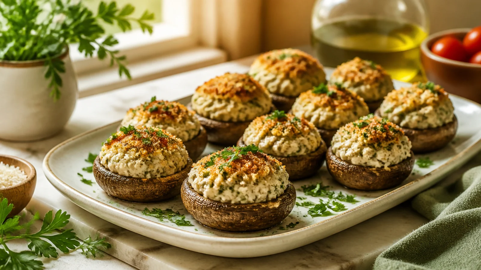 Sausage Stuffed Mushrooms for Game Day — stuffed mushrooms plated and ready to serve