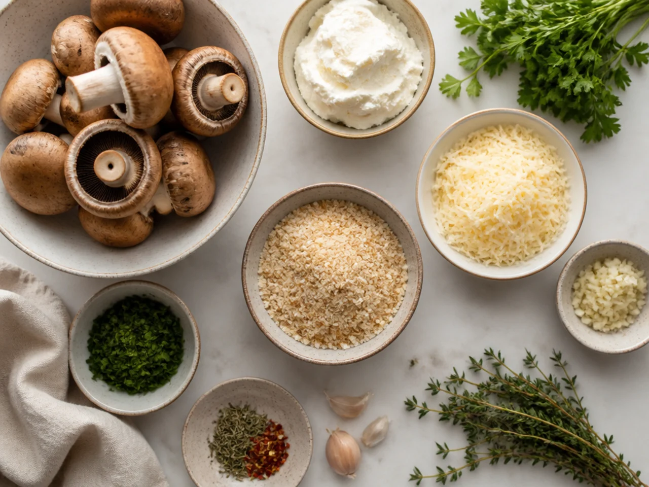 Fresh ingredients for stuffed mushrooms arranged in bowls