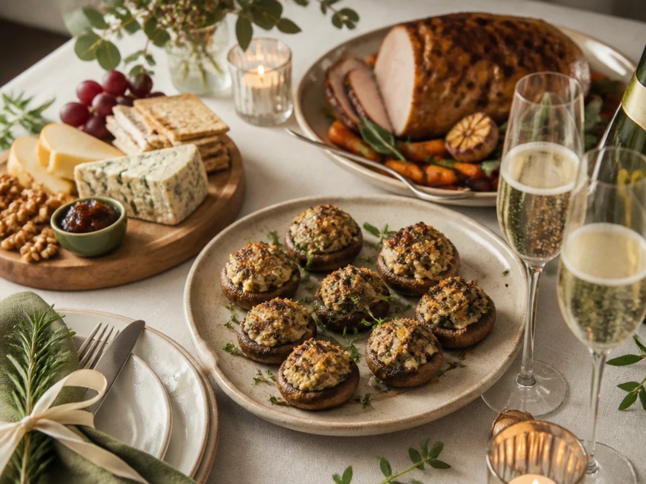 stuffed mushrooms served with a holiday roast, a cheese board and sparkling wine