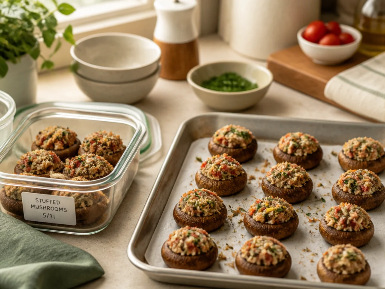 Make-ahead storage of stuffed mushrooms in containers