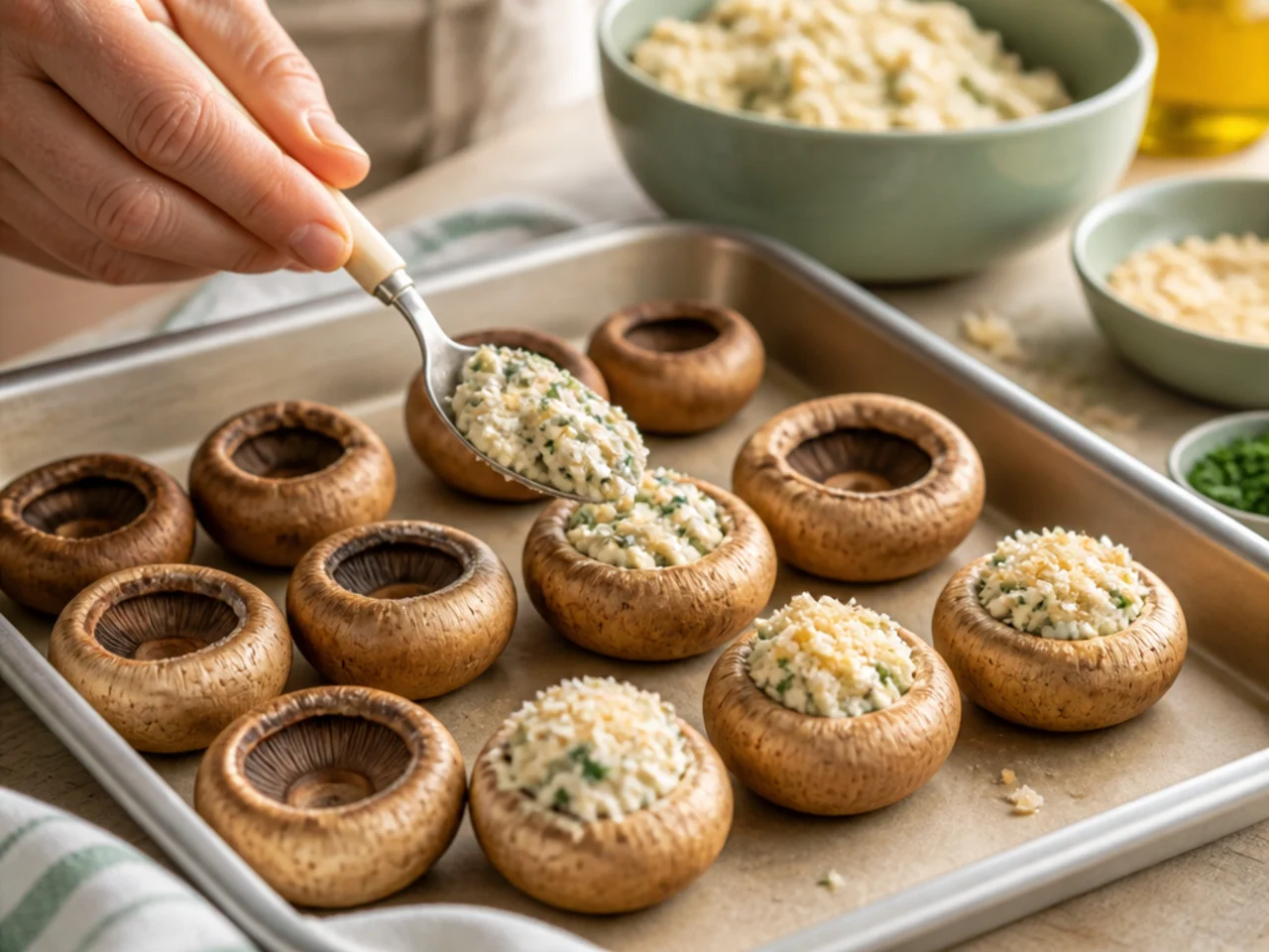 Step-by-step process shot for stuffed mushrooms