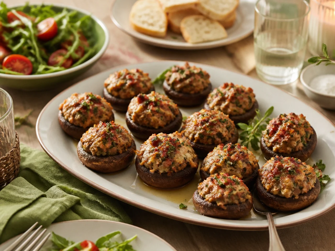 stuffed mushrooms served family-style on a cozy table