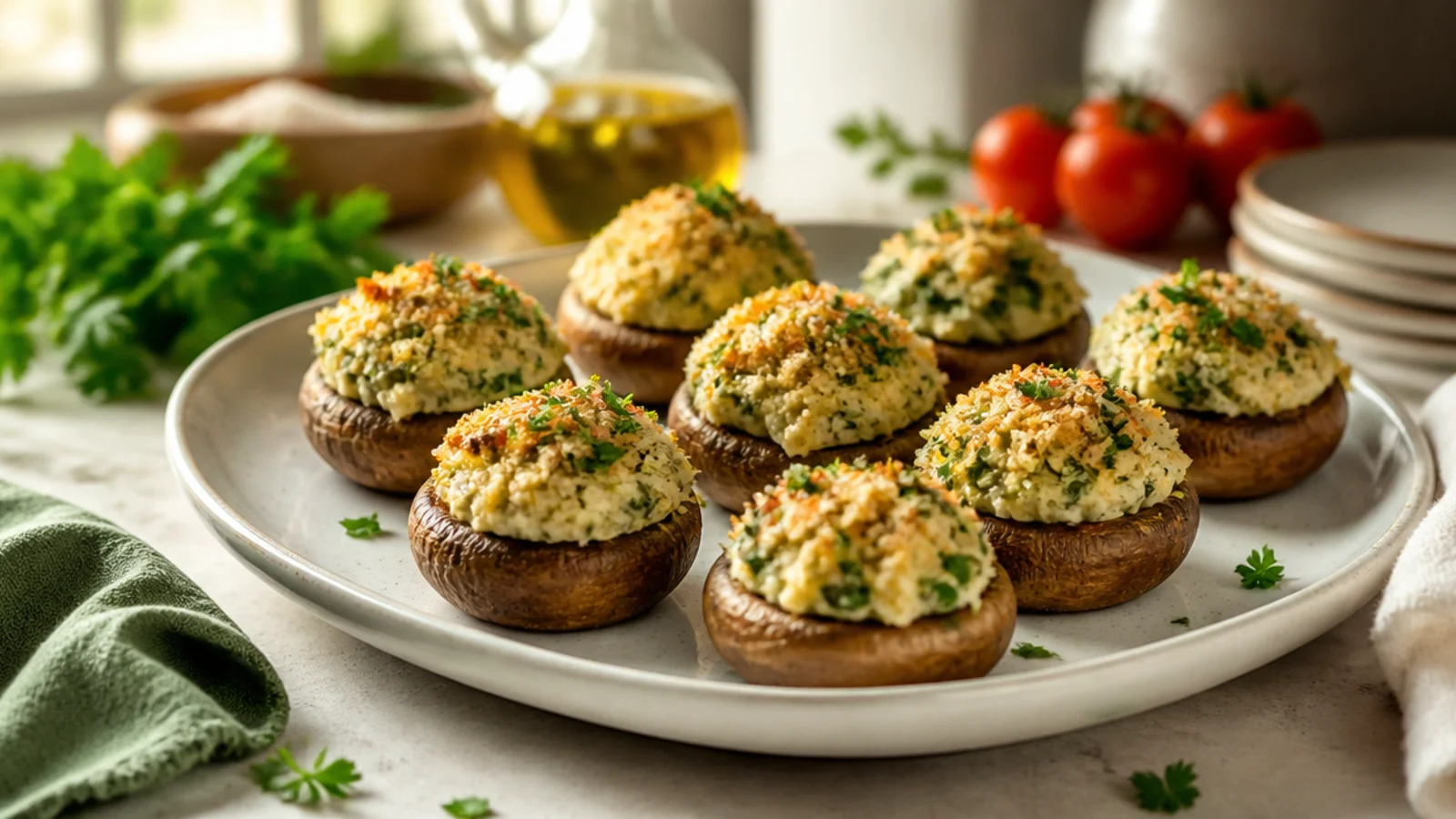 Easy Stuffed Mushrooms for Any Party — stuffed mushrooms plated and ready to serve