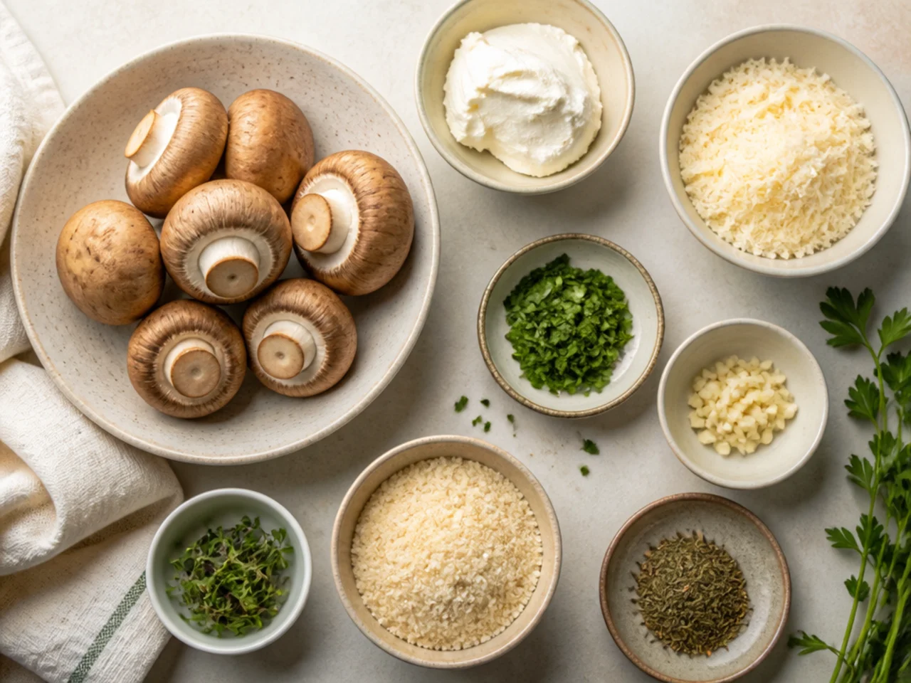 Fresh ingredients for stuffed mushrooms arranged in bowls