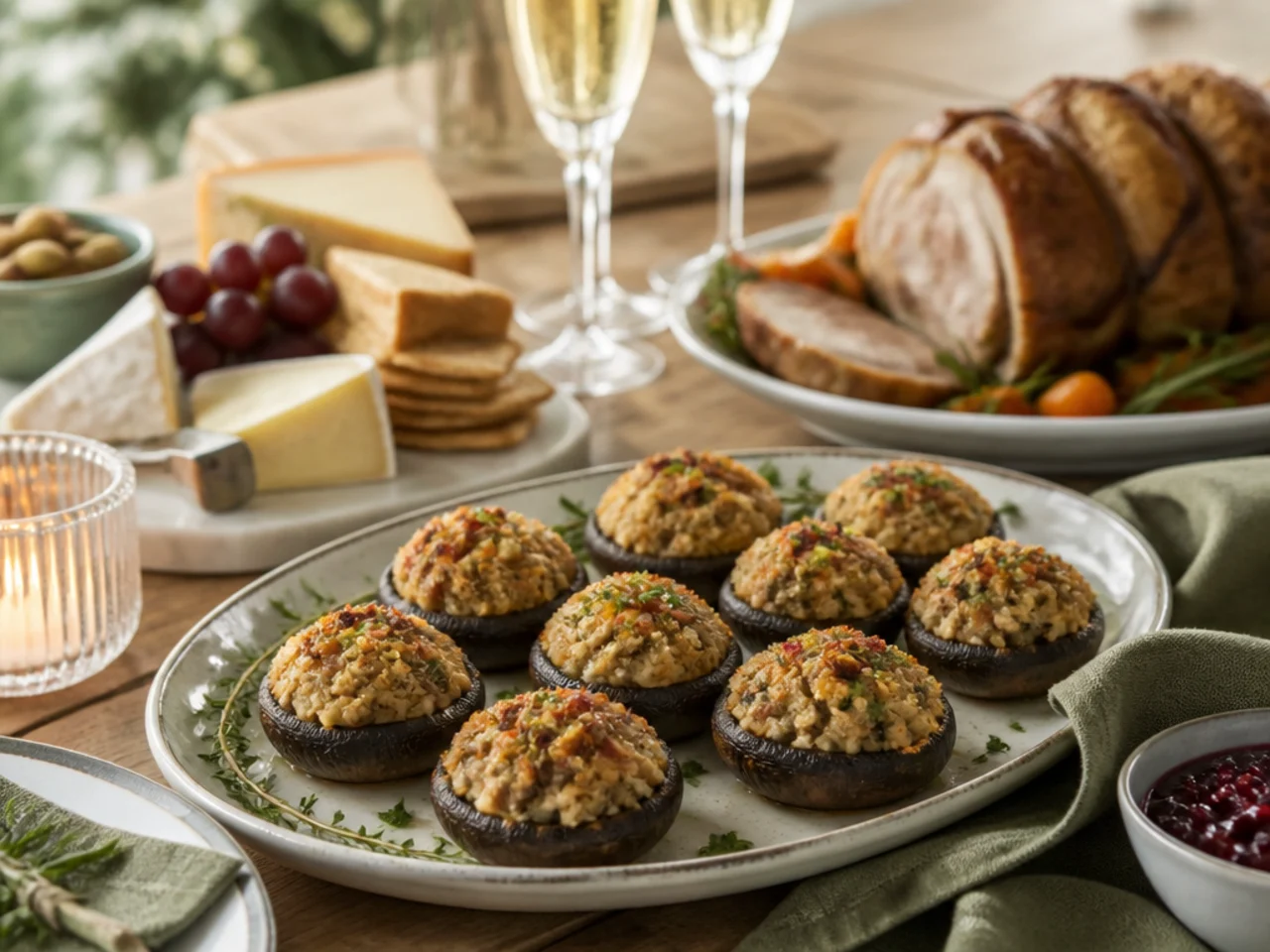 stuffed mushrooms served with a holiday roast, a cheese board and sparkling wine