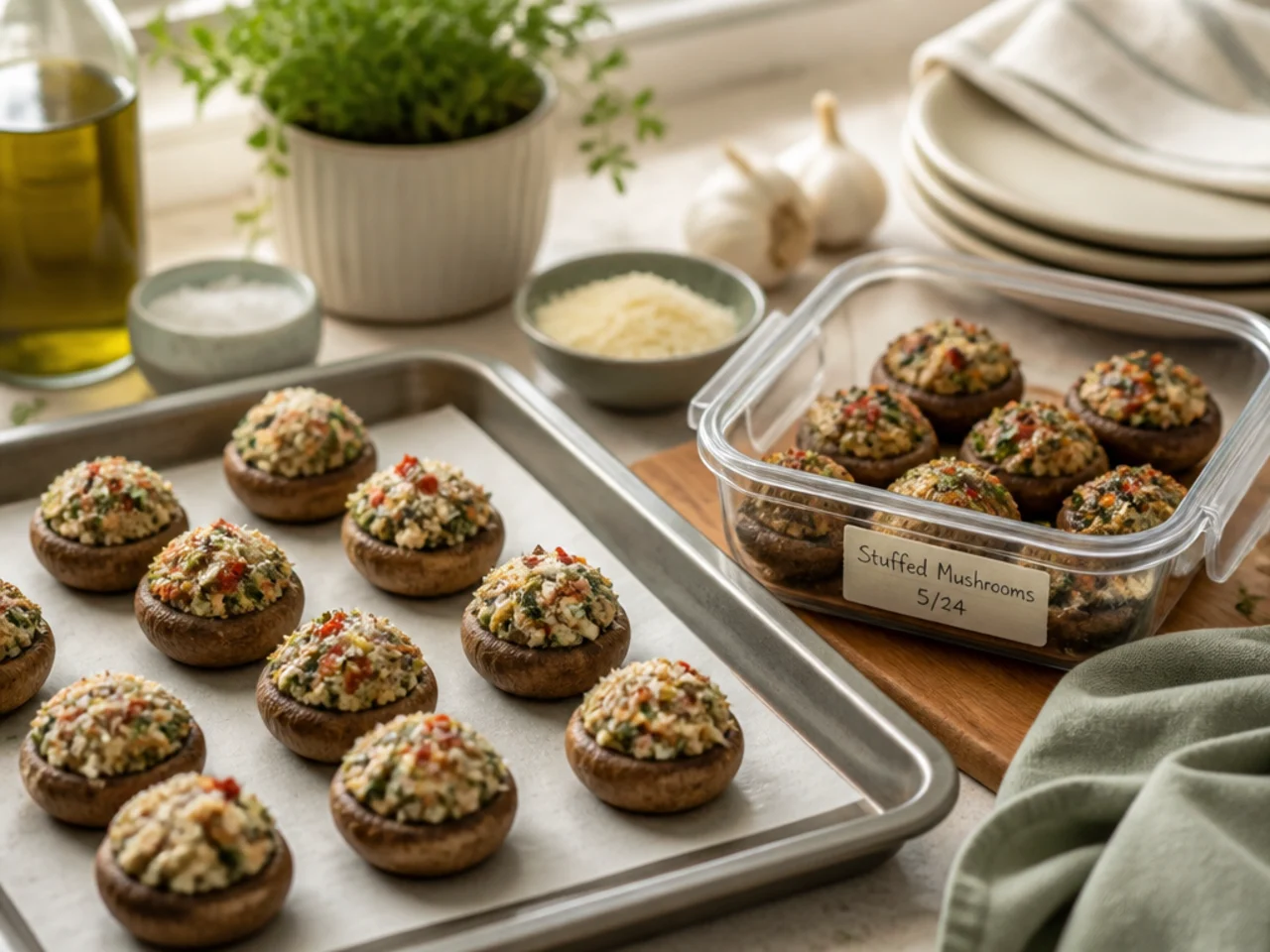 Make-ahead storage of stuffed mushrooms in containers