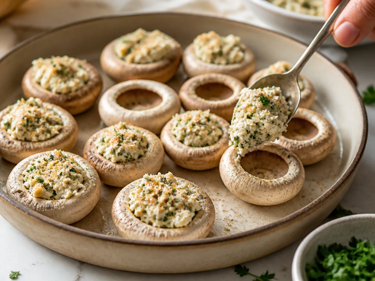Step-by-step process shot for stuffed mushrooms