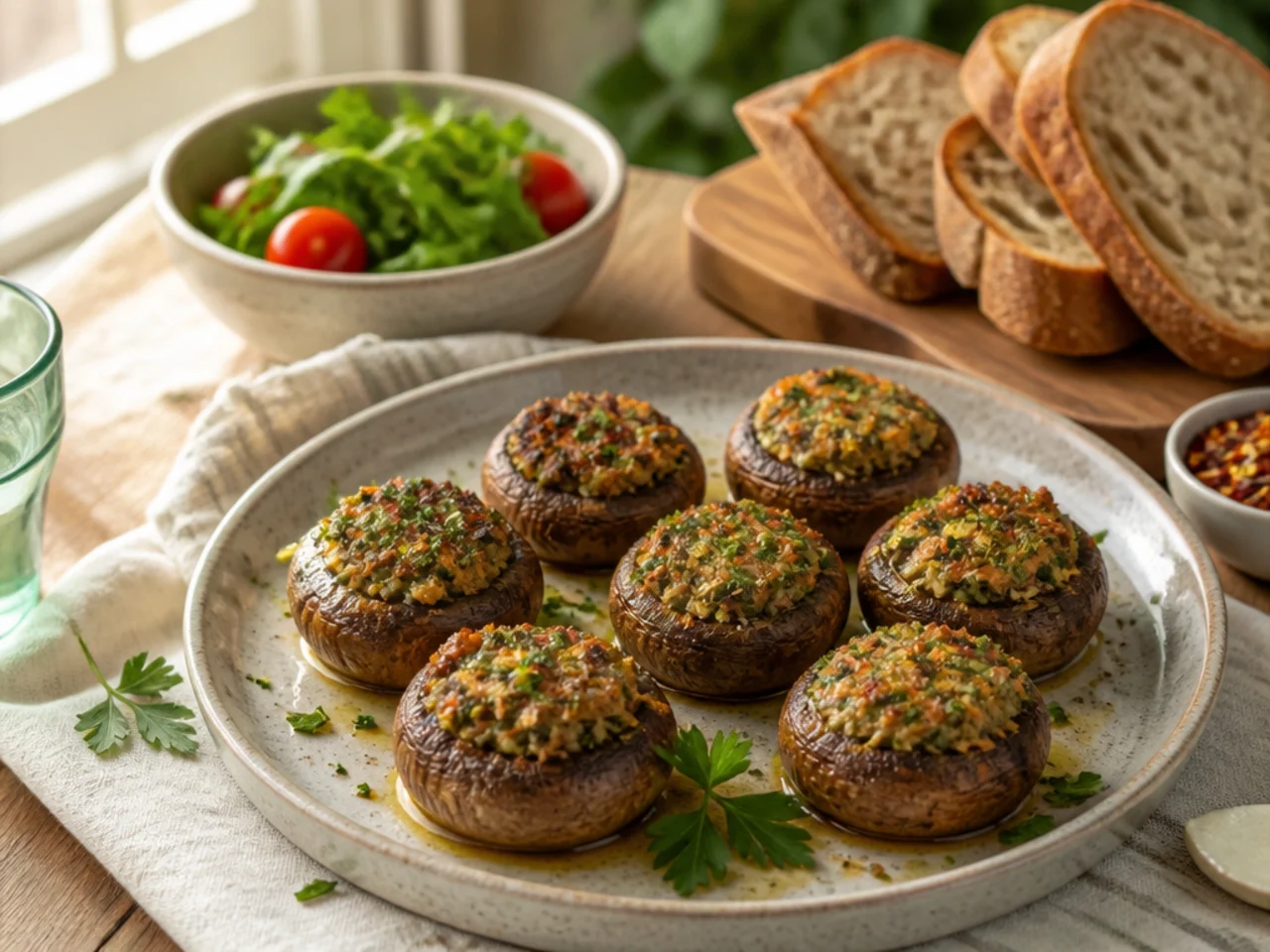 stuffed mushrooms served family-style on a cozy table