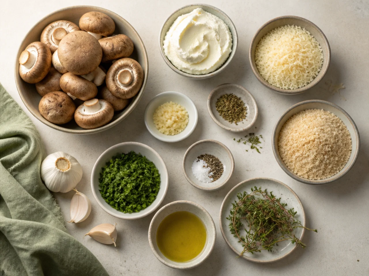 Fresh ingredients for stuffed mushrooms arranged in bowls