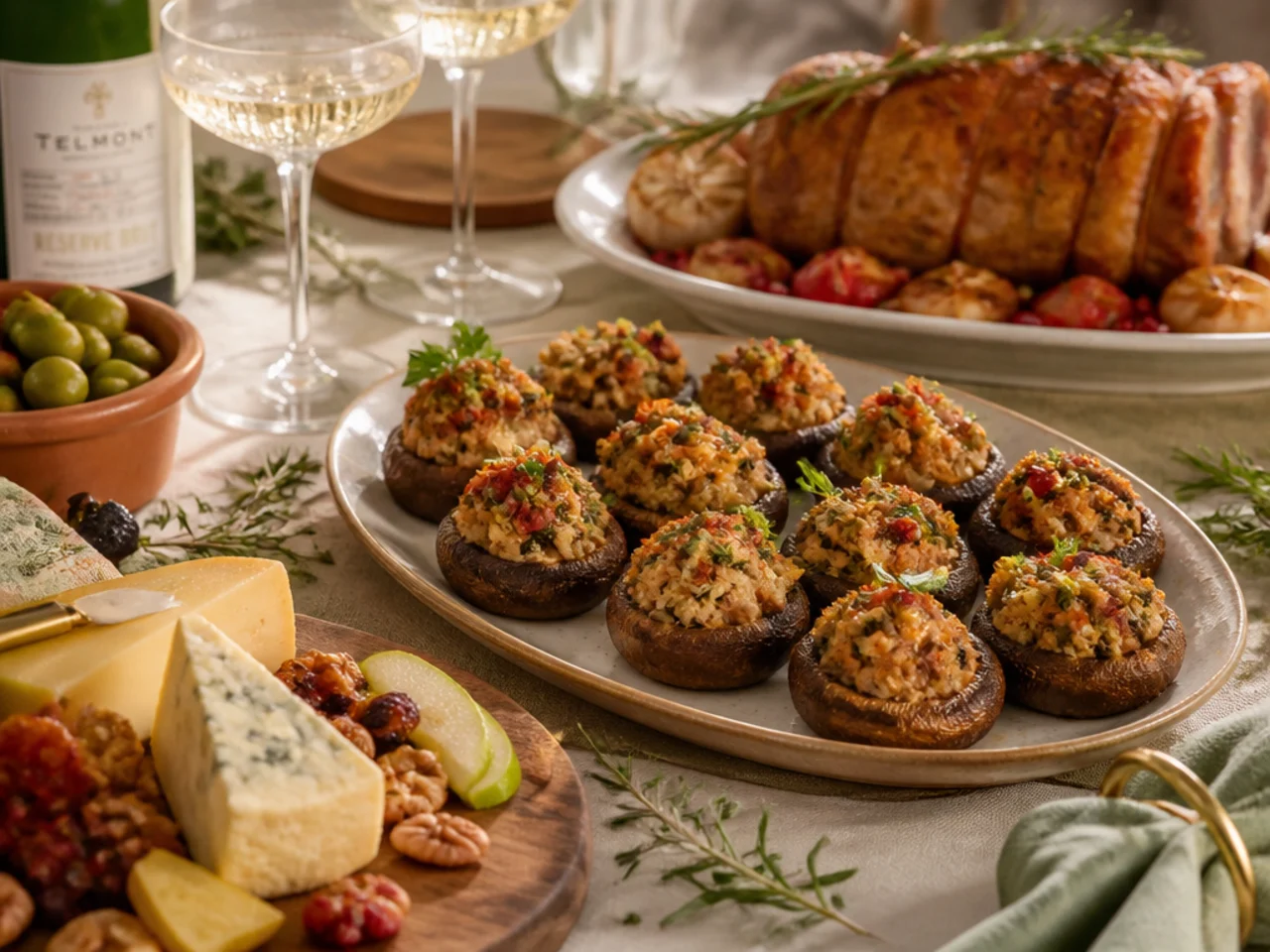 stuffed mushrooms served with a holiday roast, a cheese board and sparkling wine