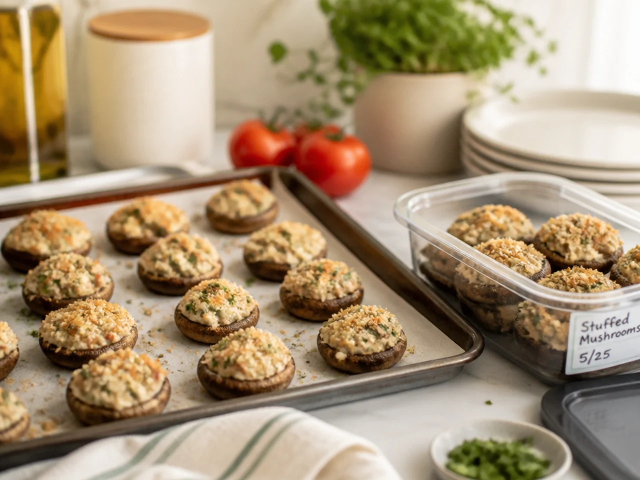 Make-ahead storage of stuffed mushrooms in containers