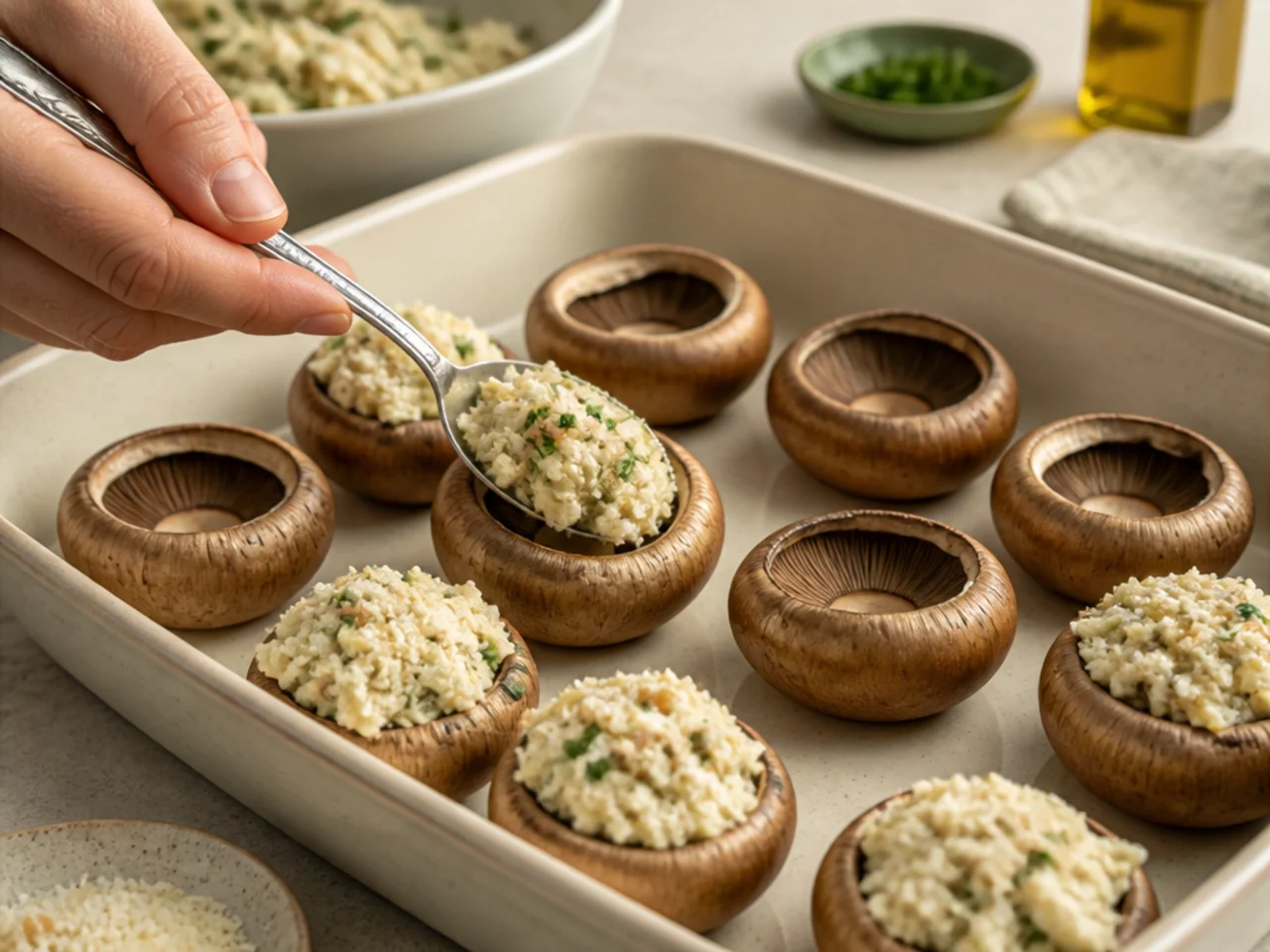 Step-by-step process shot for stuffed mushrooms