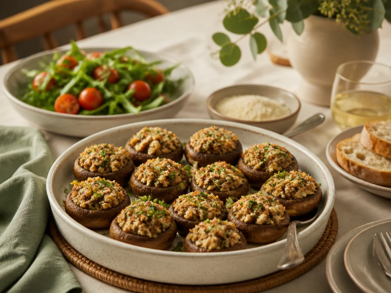 stuffed mushrooms served family-style on a cozy table