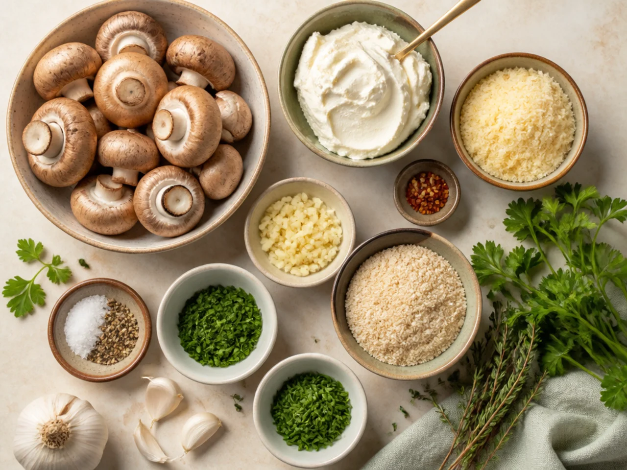 Fresh ingredients for stuffed mushrooms arranged in bowls