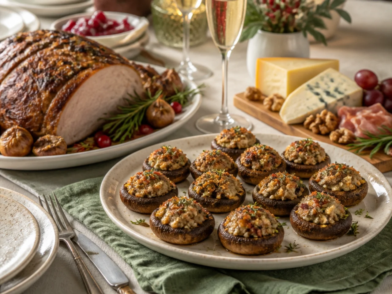 stuffed mushrooms served with a holiday roast, a cheese board and sparkling wine