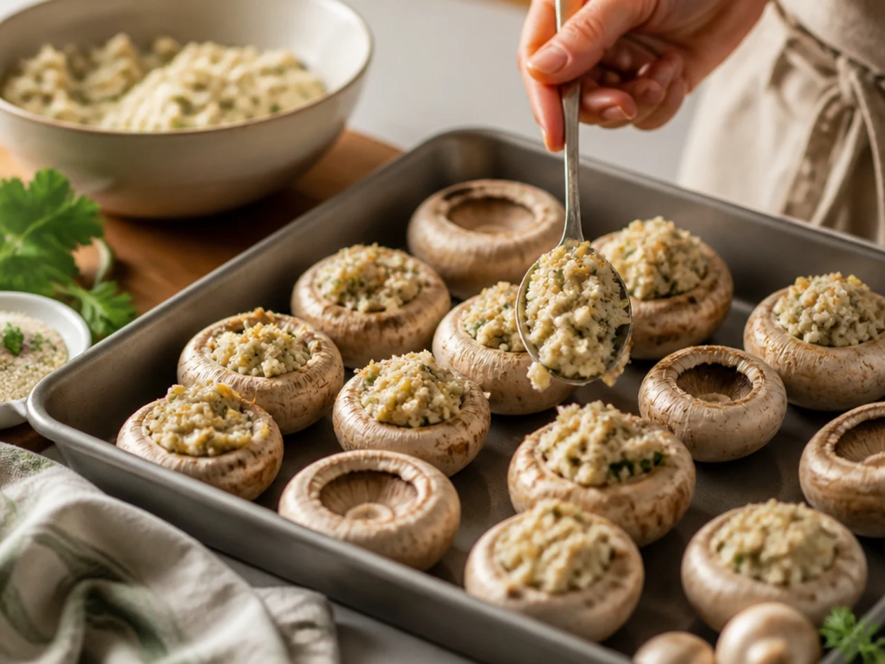 Step-by-step process shot for stuffed mushrooms