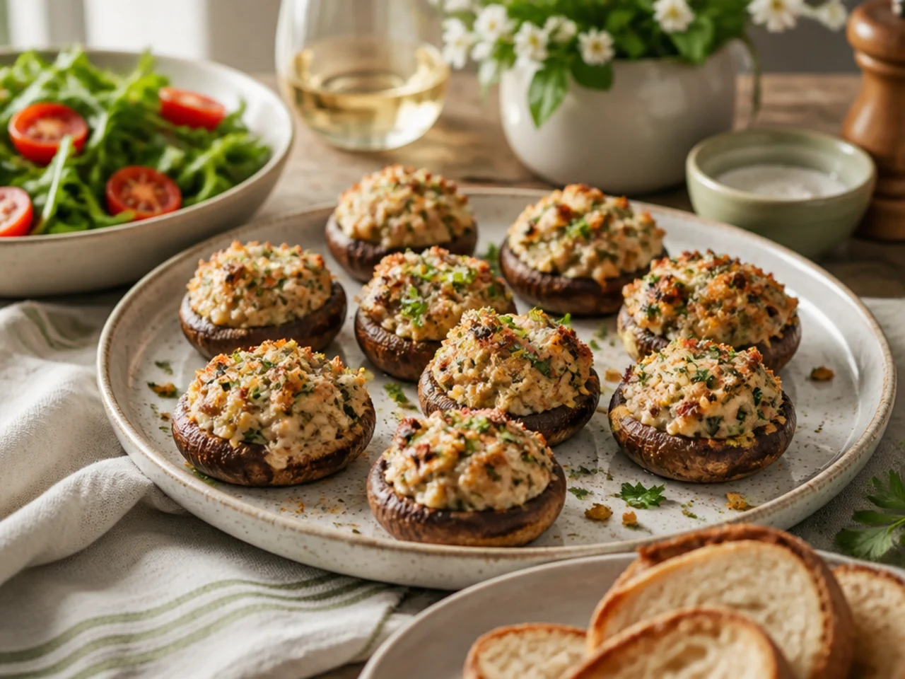 stuffed mushrooms served family-style on a cozy table