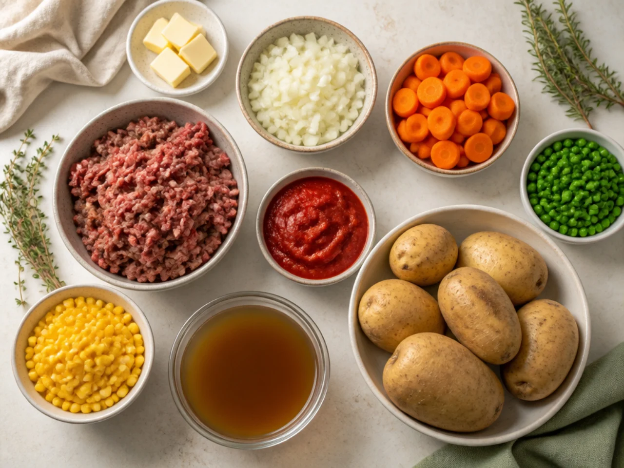 Fresh ingredients for shepherd's pie arranged in bowls