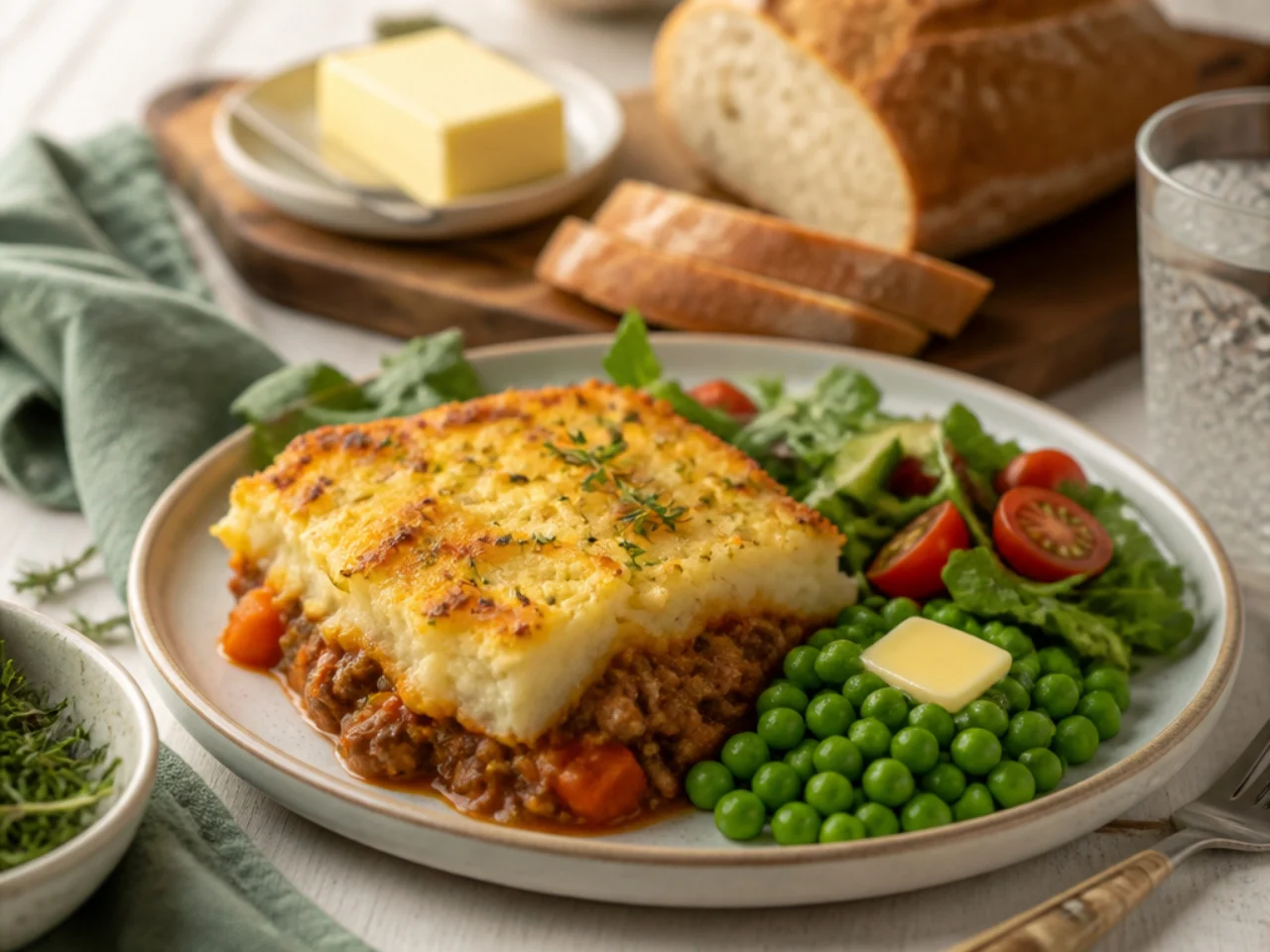 shepherd's pie served with crusty bread, buttered peas and a simple side salad