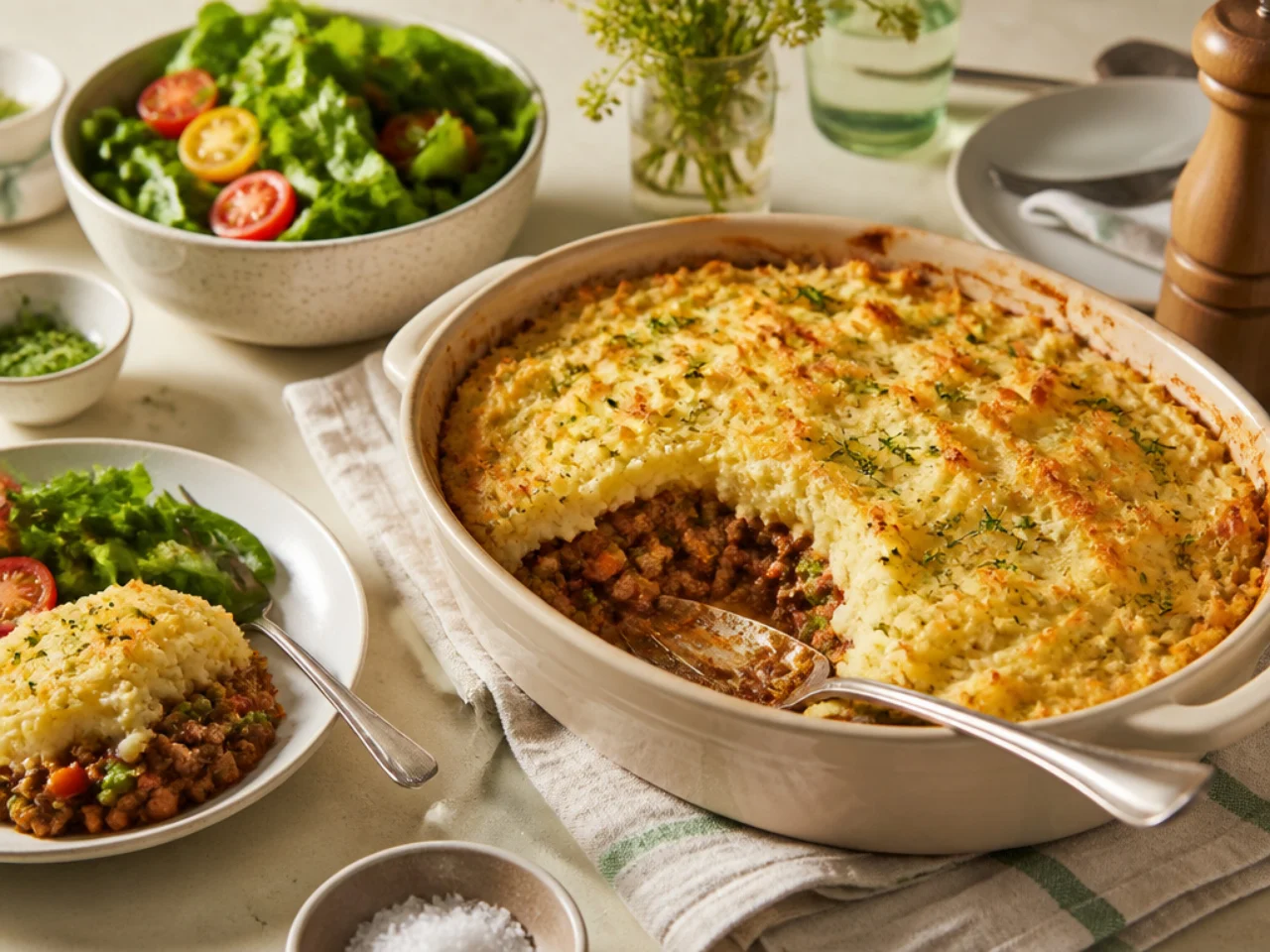 shepherd's pie served family-style on a cozy table