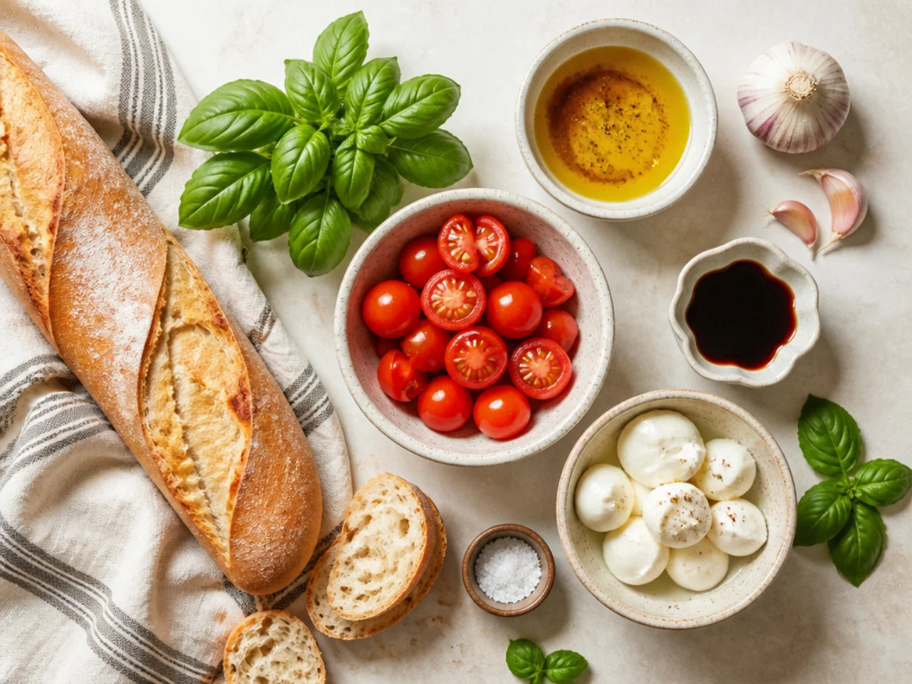 Fresh ingredients for bruschetta arranged in bowls
