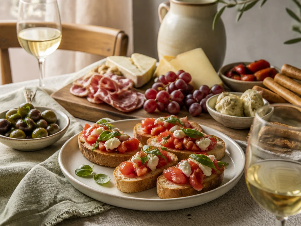 bruschetta served with a cheese board, marinated olives, antipasto and chilled white wine