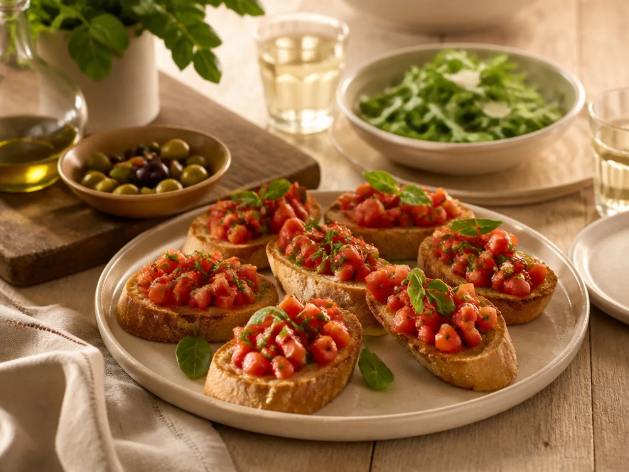 bruschetta served family-style on a cozy table