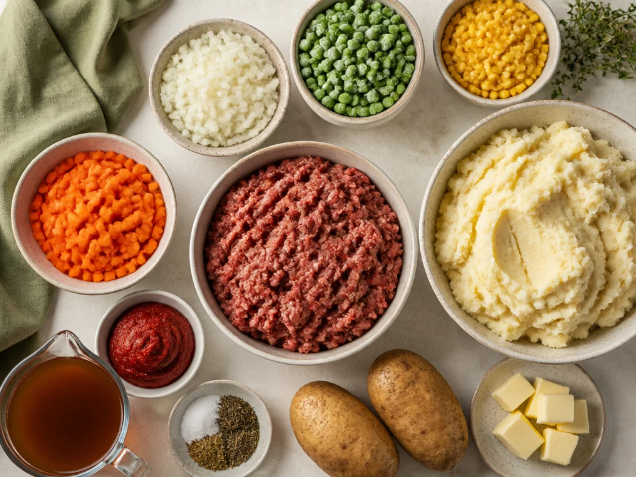 Fresh ingredients for shepherd's pie arranged in bowls
