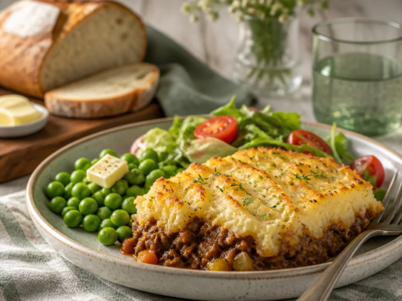 shepherd's pie served with crusty bread, buttered peas and a simple side salad