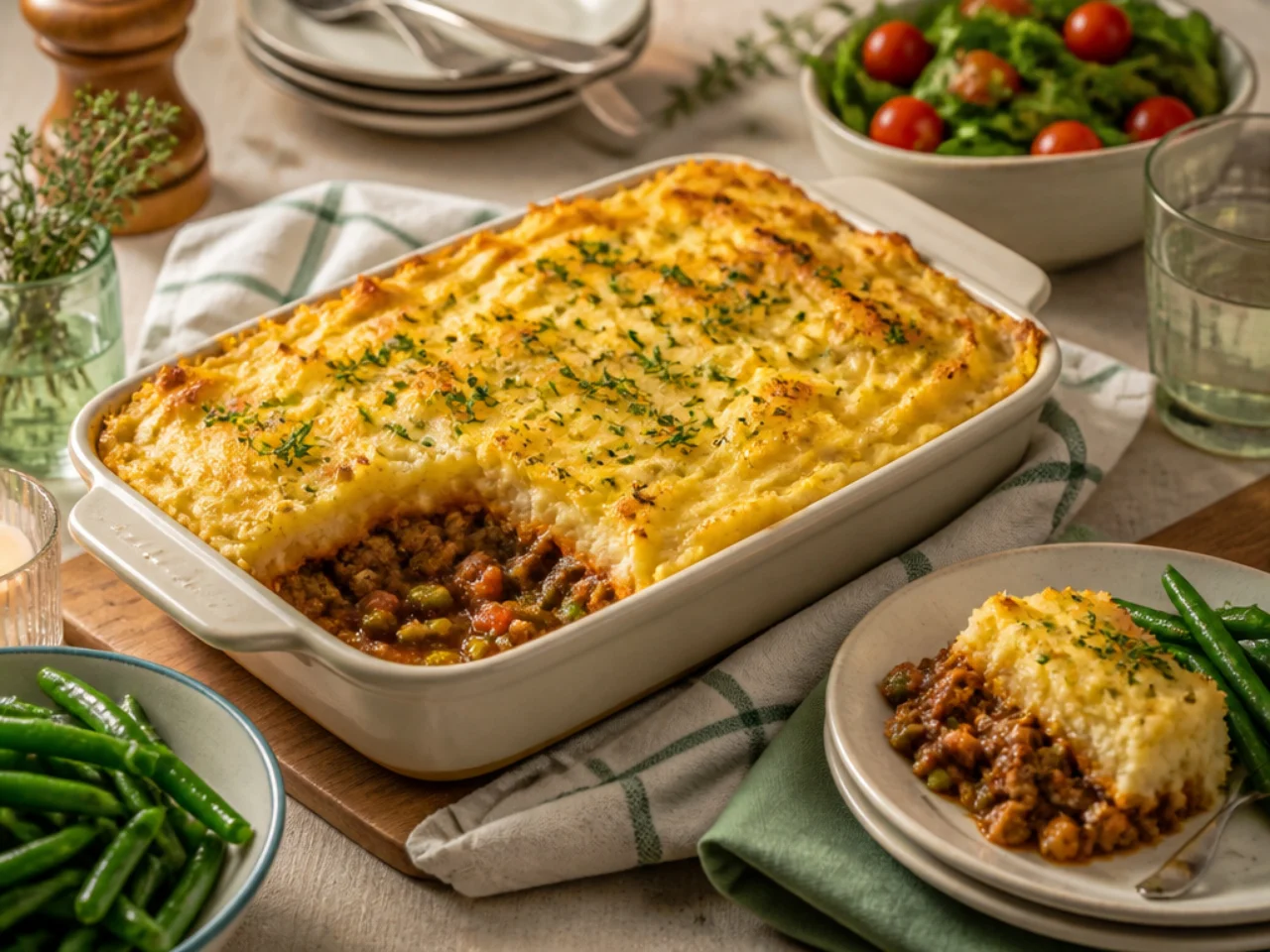shepherd's pie served family-style on a cozy table