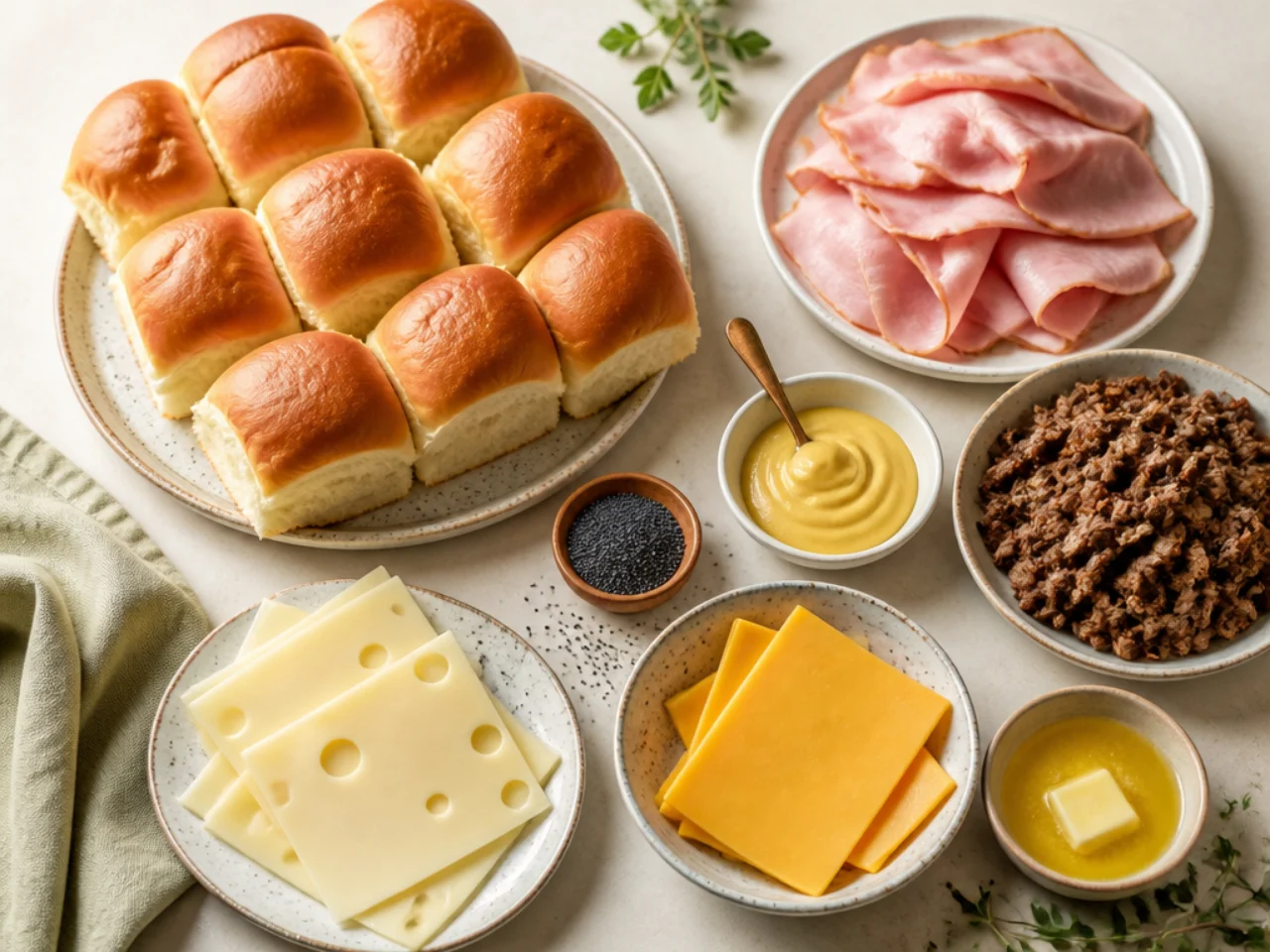 Fresh ingredients for Hawaiian roll sliders arranged in bowls
