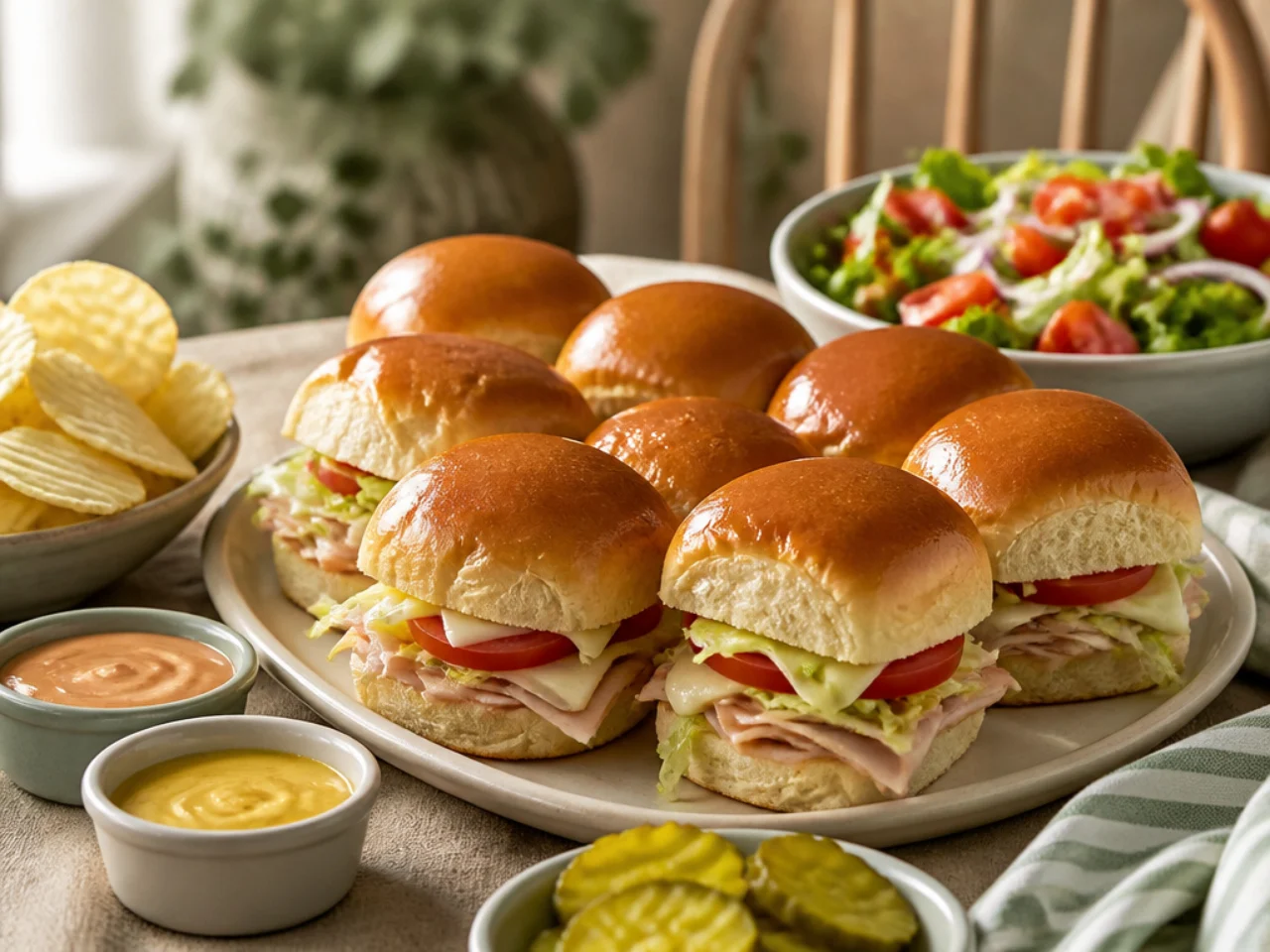 Hawaiian roll sliders served with potato chips, a crisp salad, pickles and dipping sauces