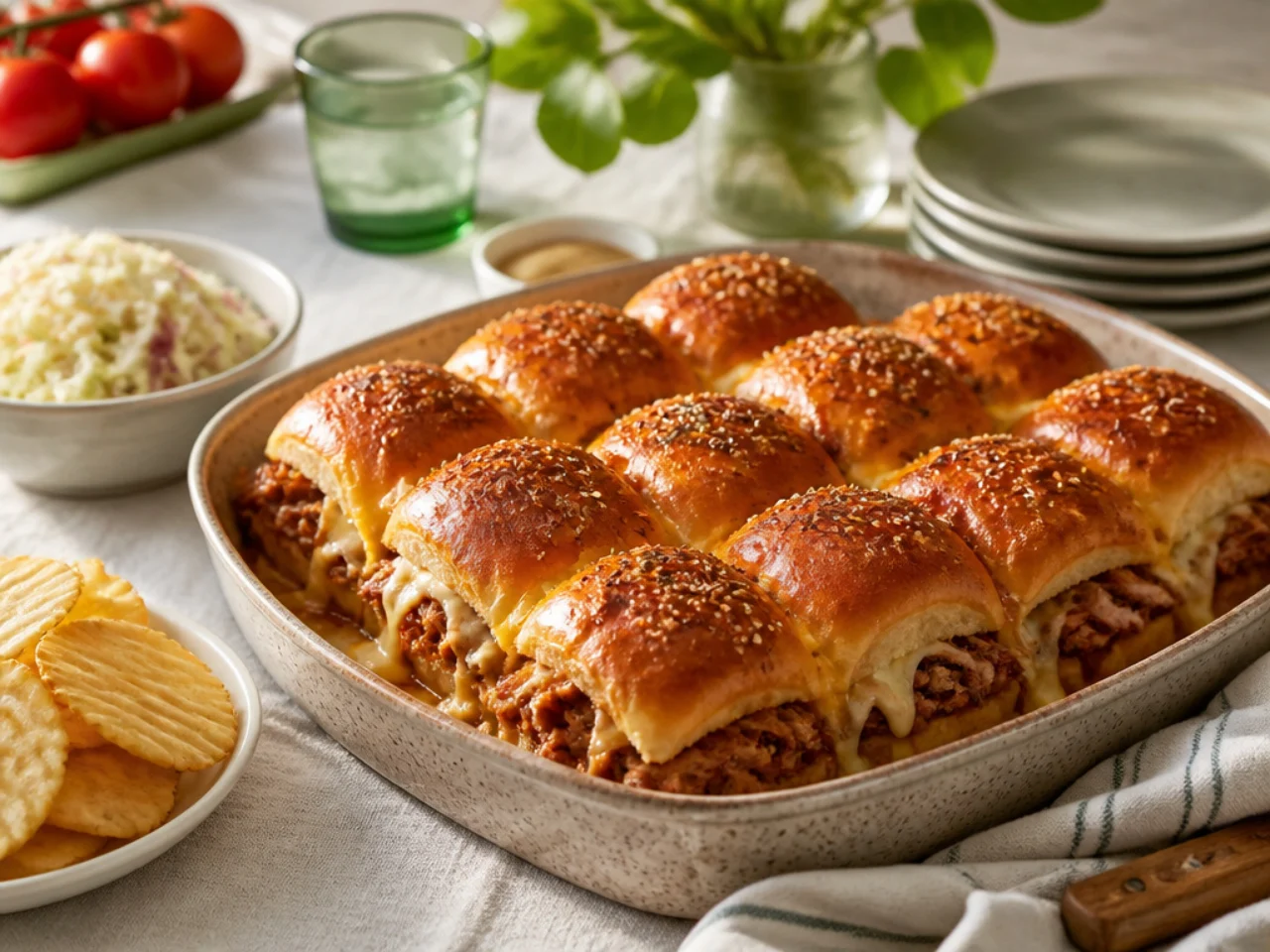 Hawaiian roll sliders served family-style on a cozy table