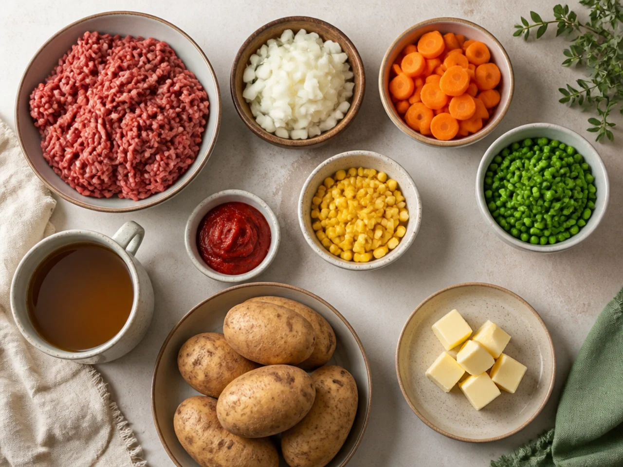 Fresh ingredients for shepherd's pie arranged in bowls