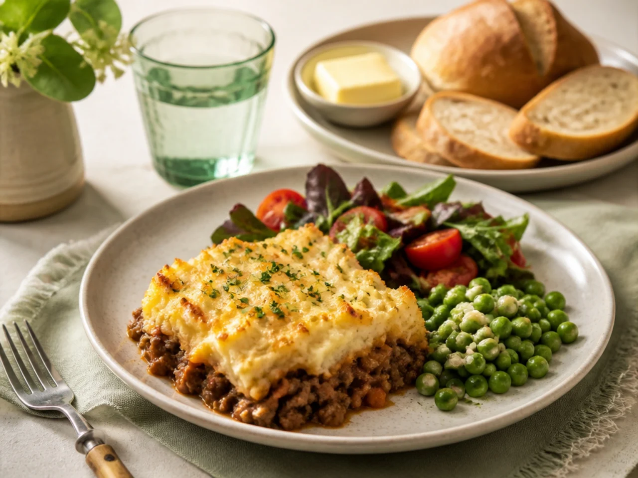 shepherd's pie served with crusty bread, buttered peas and a simple side salad